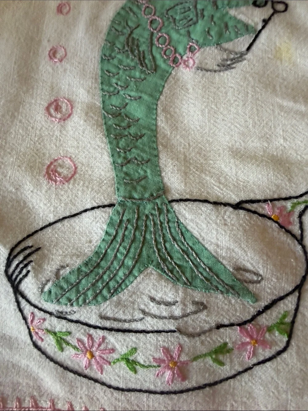 White Kitchen Towel with Green Fish Illustration and Pink Trim